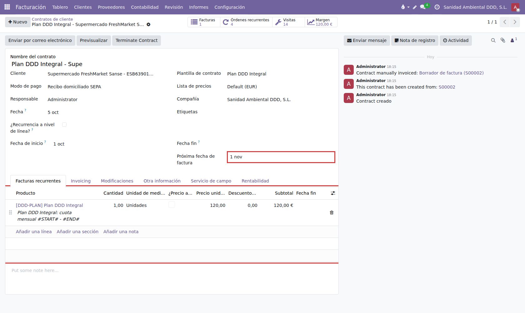 Contrato S00002: cuota mensual de 120 € y próxima factura el 1 de noviembre.