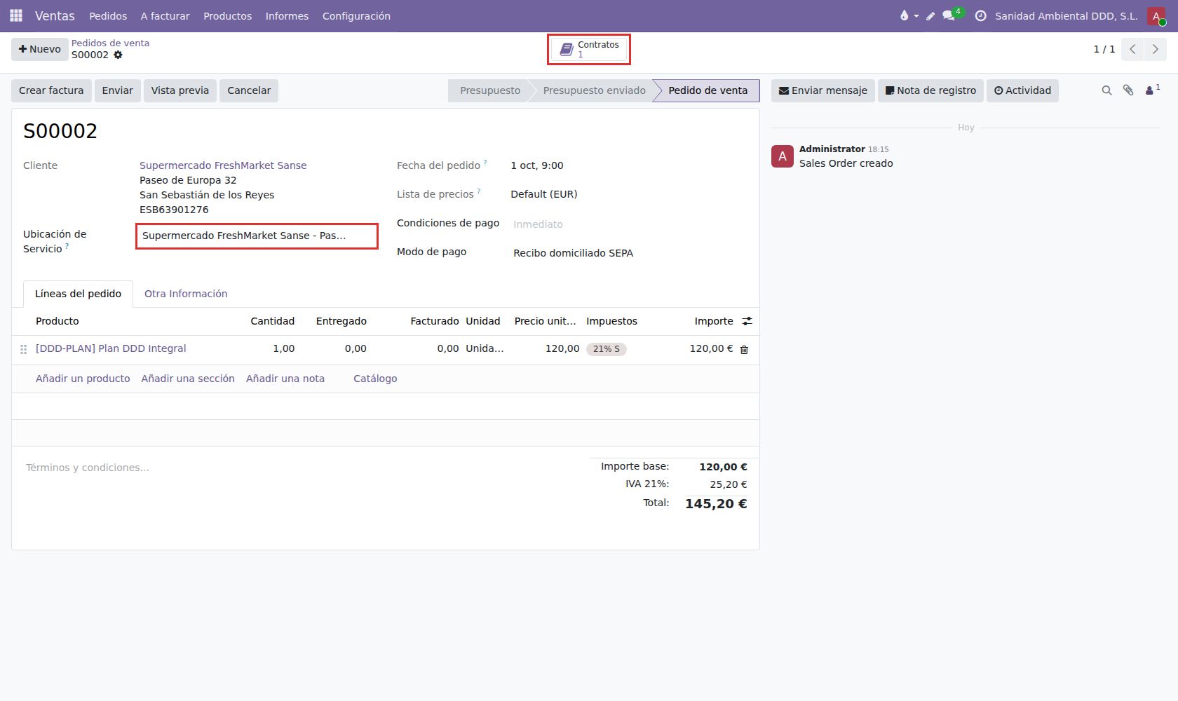 Pedido S00002 confirmado con el botón del contrato creado.