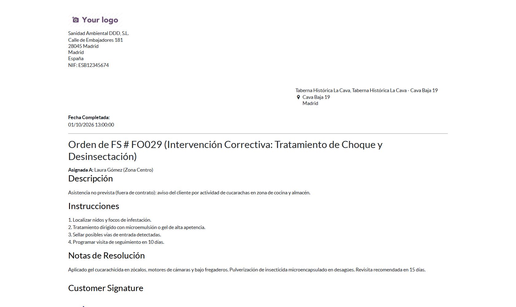 Orden de Servicio de FO029 lista para enviar al cliente.
