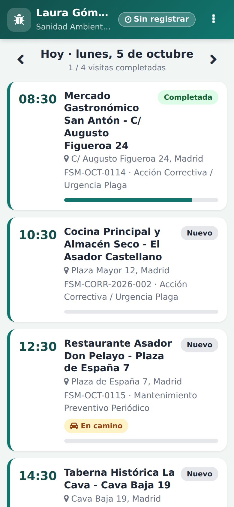Tres visitas de hoy: una completada y dos pendientes.