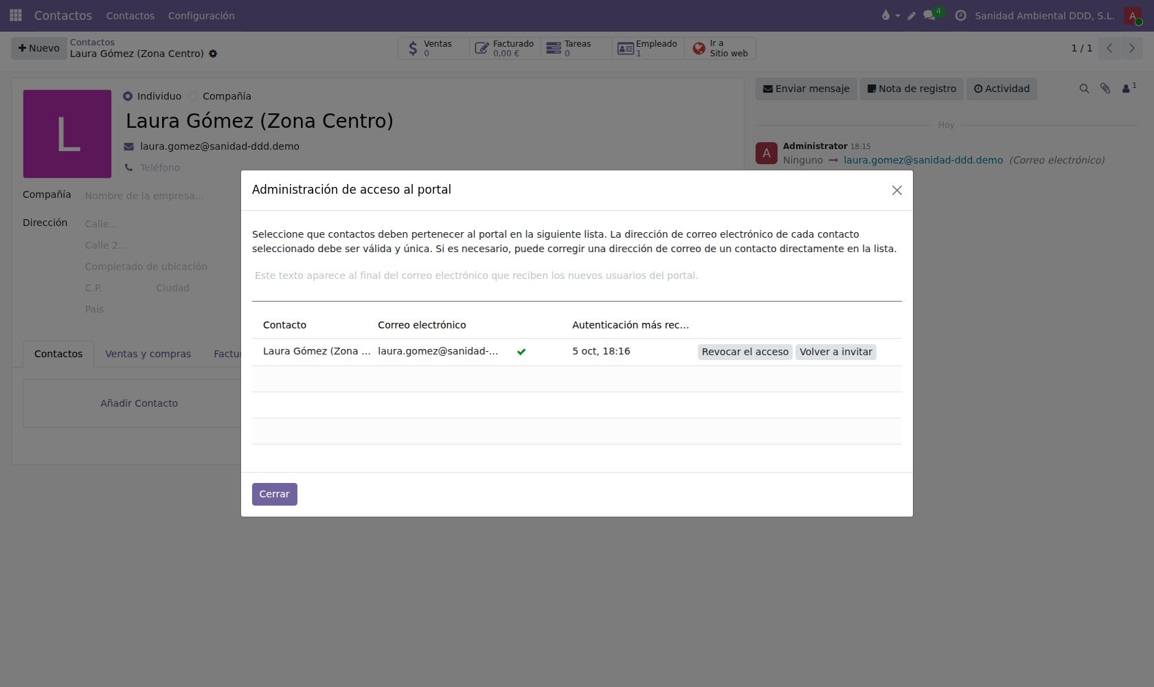 Acceso al portal para el contacto de Laura Gómez.