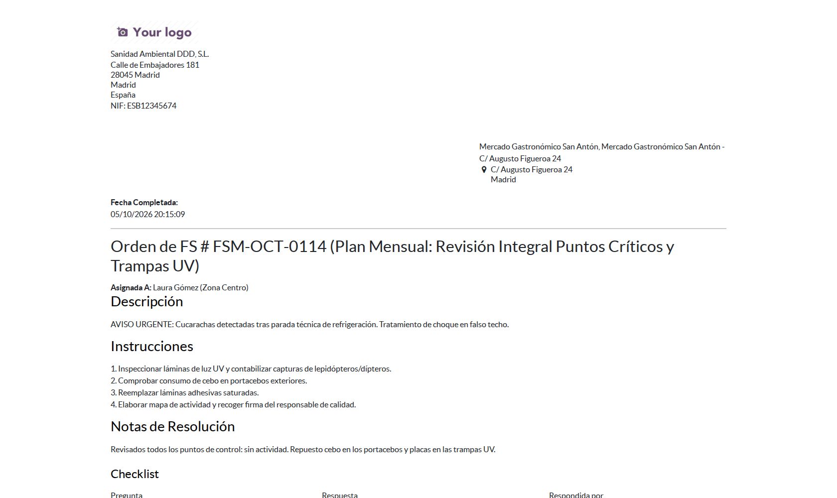 Informe de la orden FSM-OCT-0114 con checklist y firma.