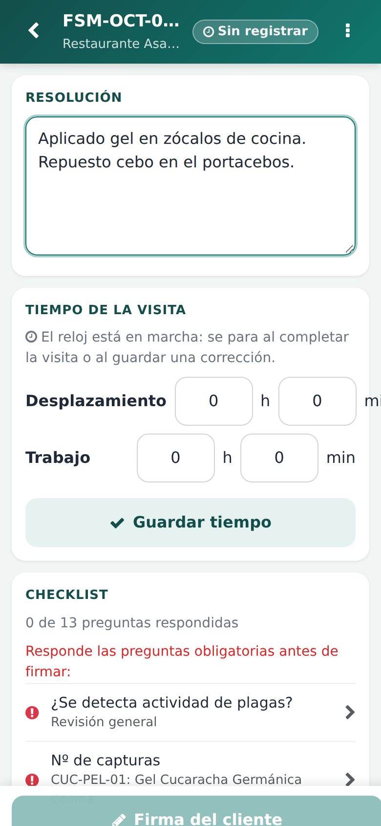 Resumen con la resolución, el tiempo corregible y las obligatorias pendientes.
