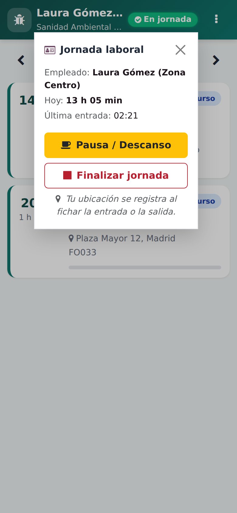 Cabecera de la app móvil con estado «En jornada» y panel de registro horario con captura de GPS.