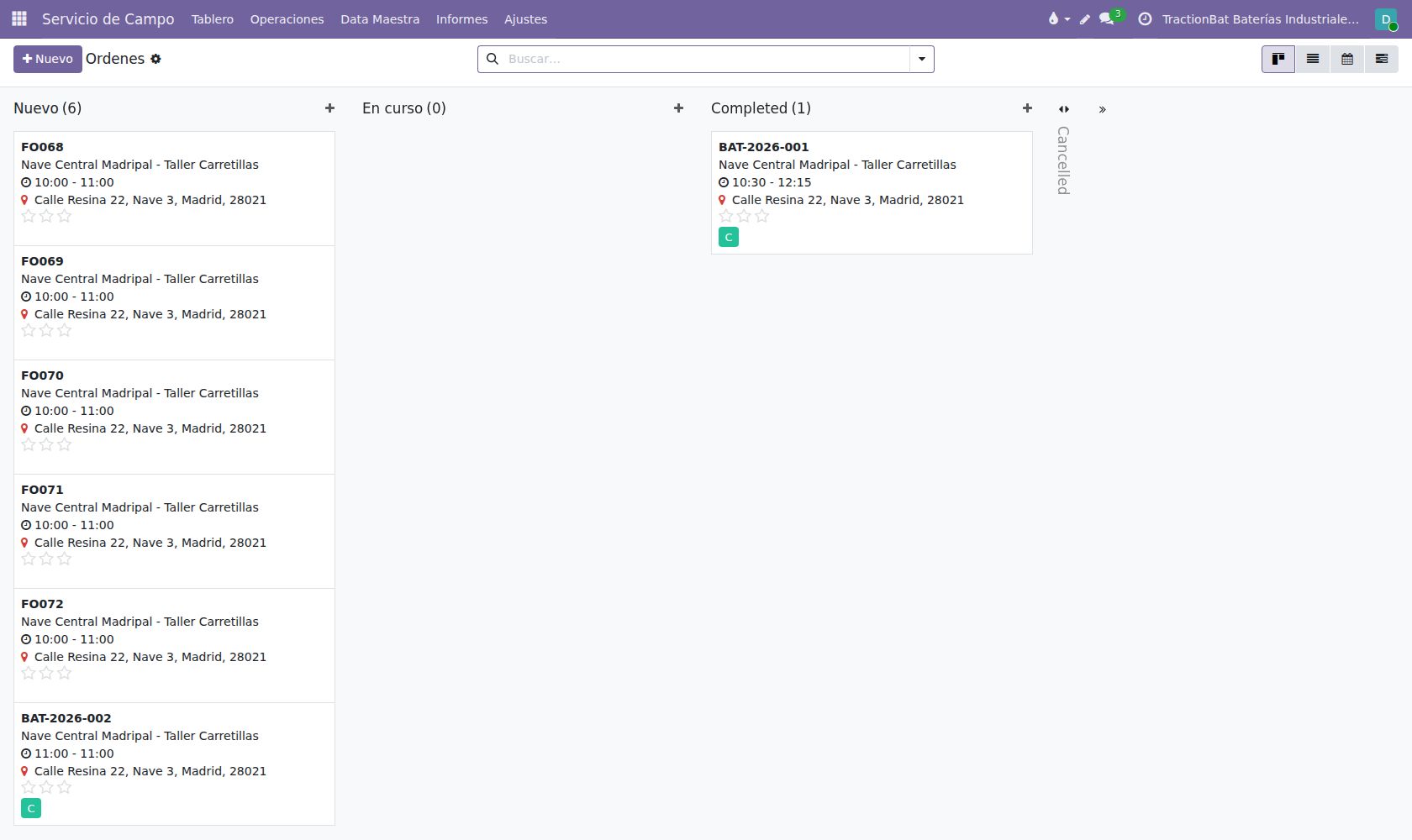 Tablero FSM: control de diagnósticos de baterías, revisiones Aquamatic y correctivos urgentes.