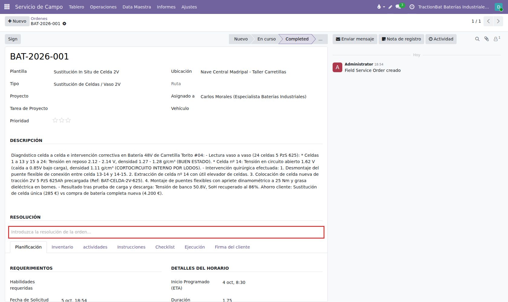 Firma digital de D. Roberto Santos (Jefe de Taller de Madripal) validando el cambio de celda.