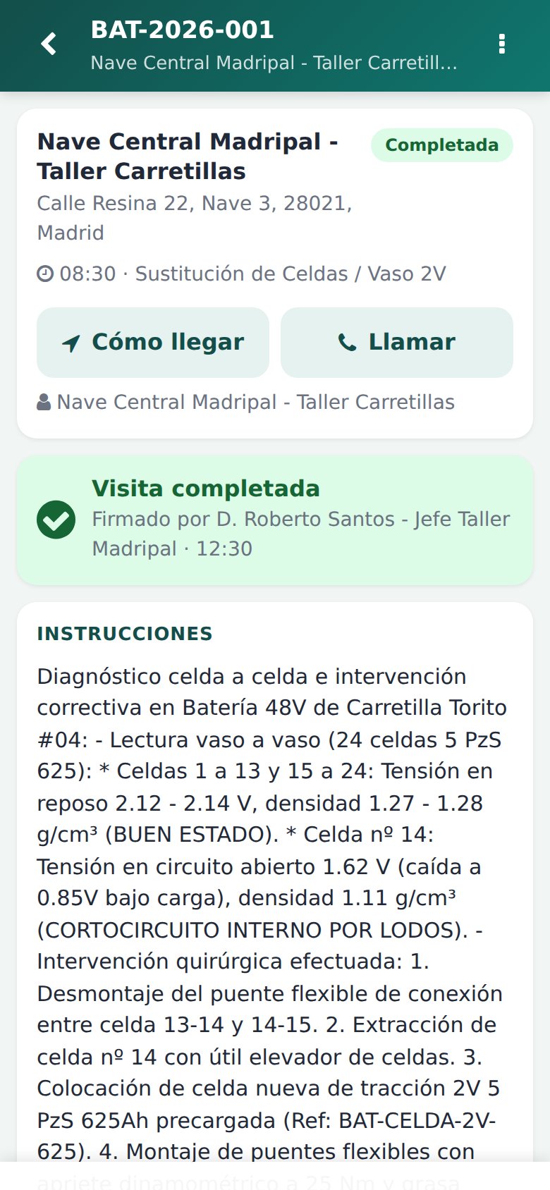 App Móvil - Ficha de la visita: check-in con un toque, instrucciones de taller y cronómetro en vivo.