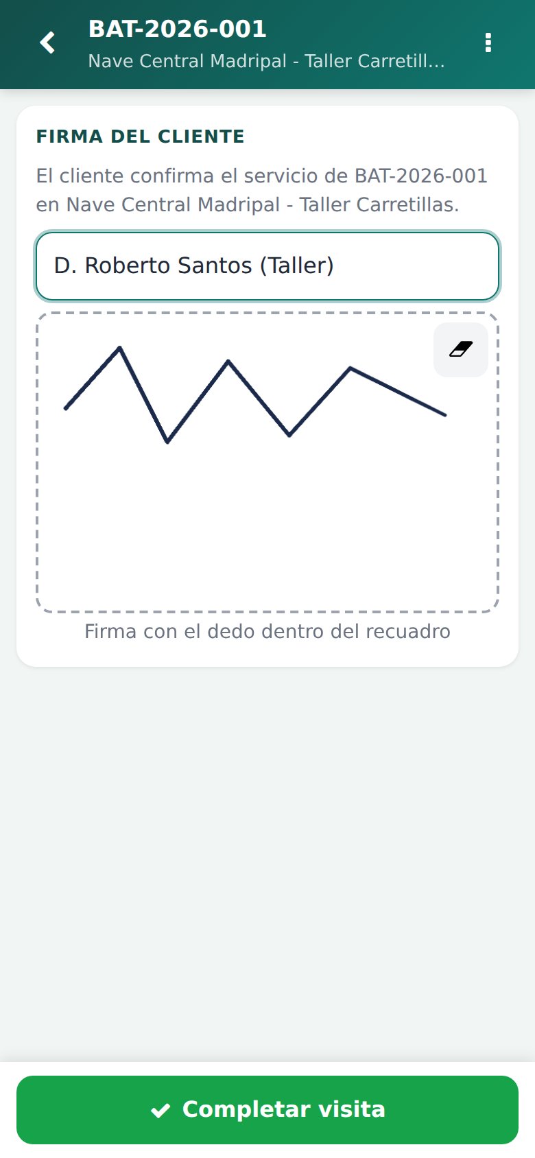 App Móvil - Firma táctil en pantalla y check-out: validación directa de D. Roberto Santos (Taller).