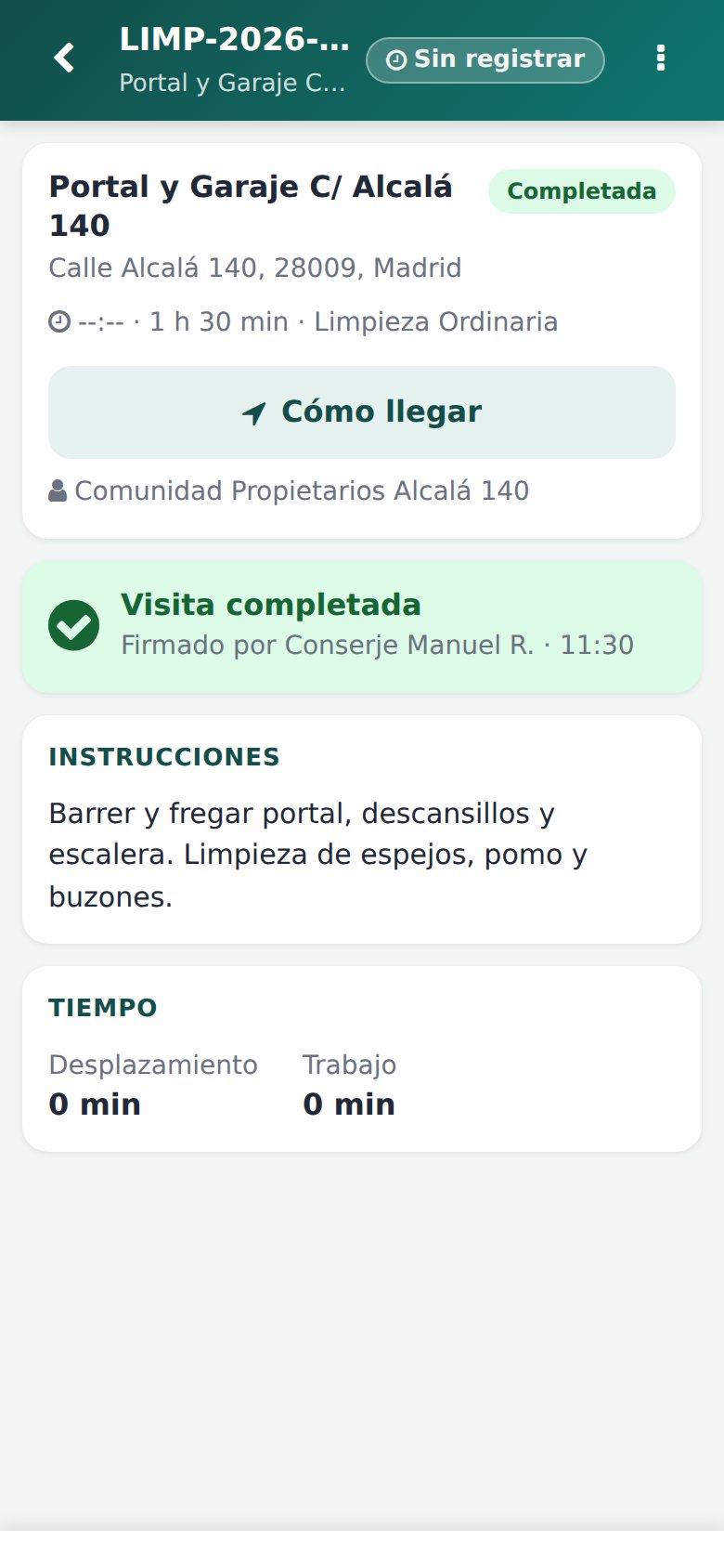 App Móvil - Ficha de la visita: check-in con un toque, instrucciones de limpieza y control horario.