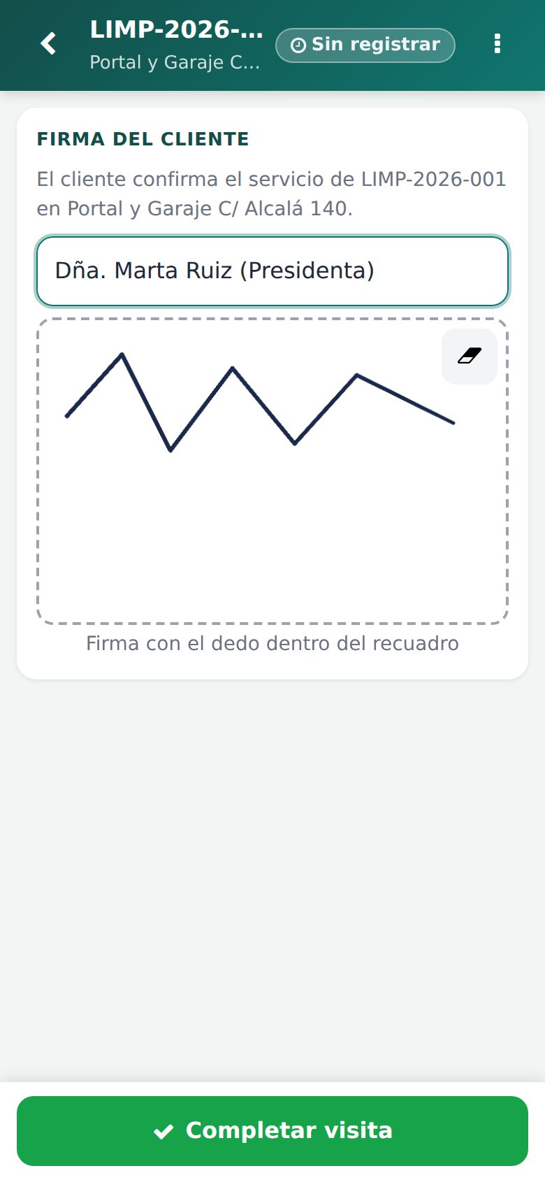 App Móvil - Firma táctil en pantalla y check-out: validación directa de la clienta Dña. Marta Ruiz.