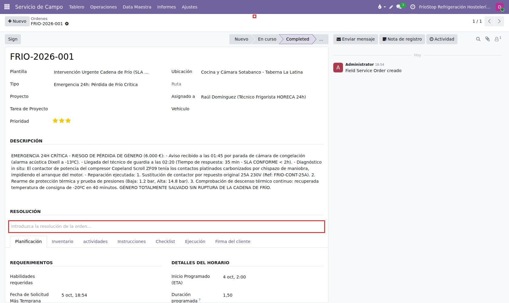 Firma digital de D. Mario Santos (Jefe de Cocina) validando la intervención nocturna.