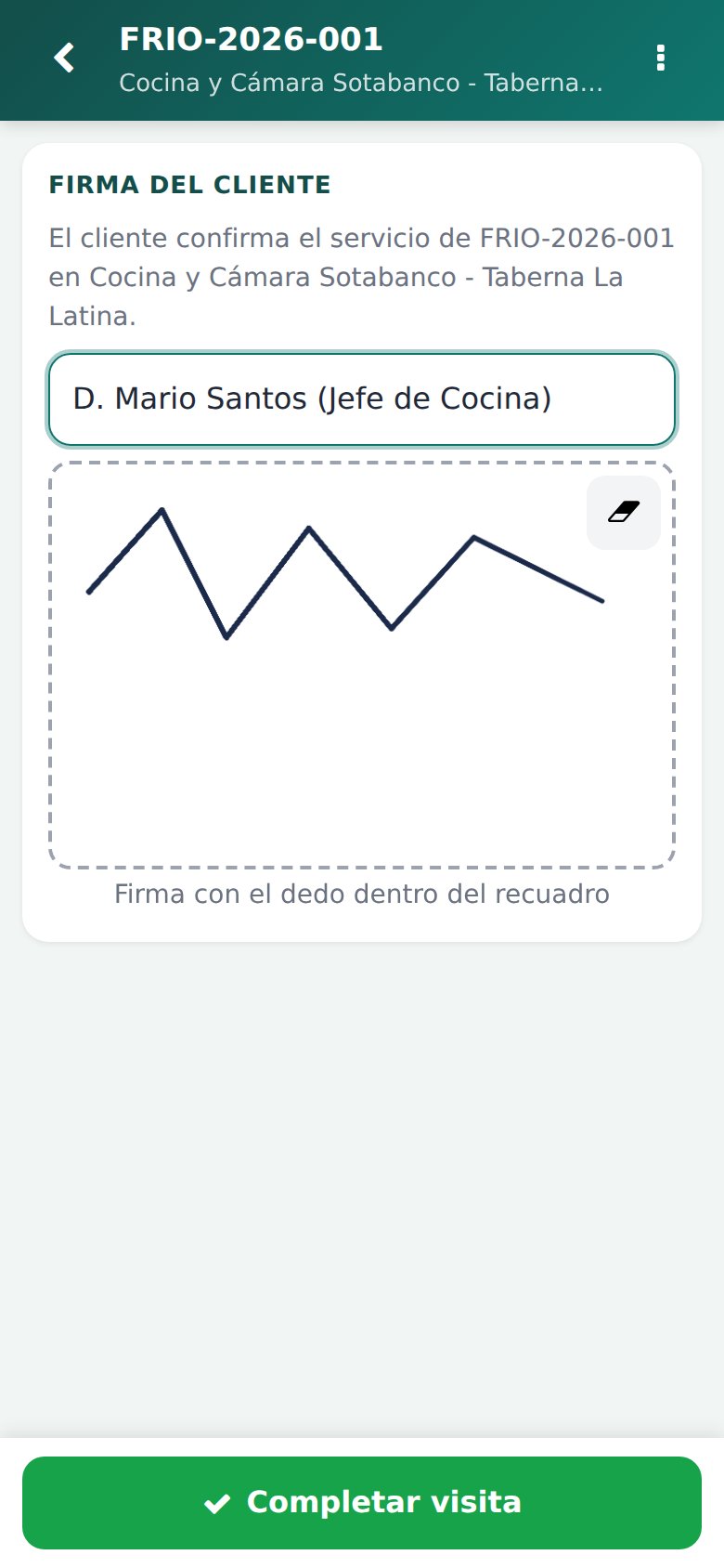 App Móvil - Firma táctil en pantalla y check-out: validación directa de D. Mario Santos (Cocina).