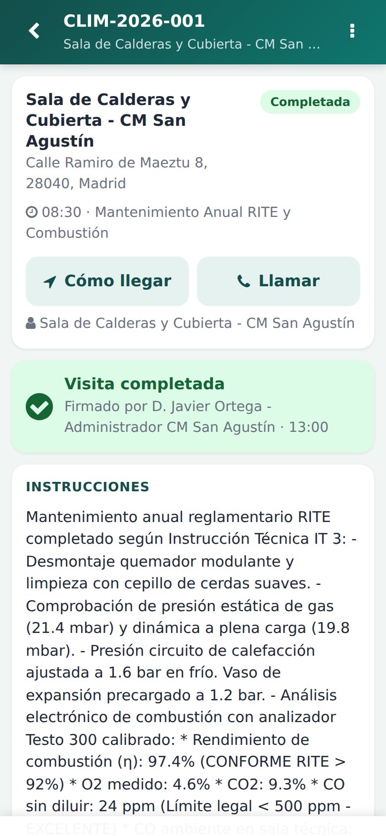 App Móvil - Ficha de la visita: check-in con un toque, precauciones de seguridad y control horario en vivo.