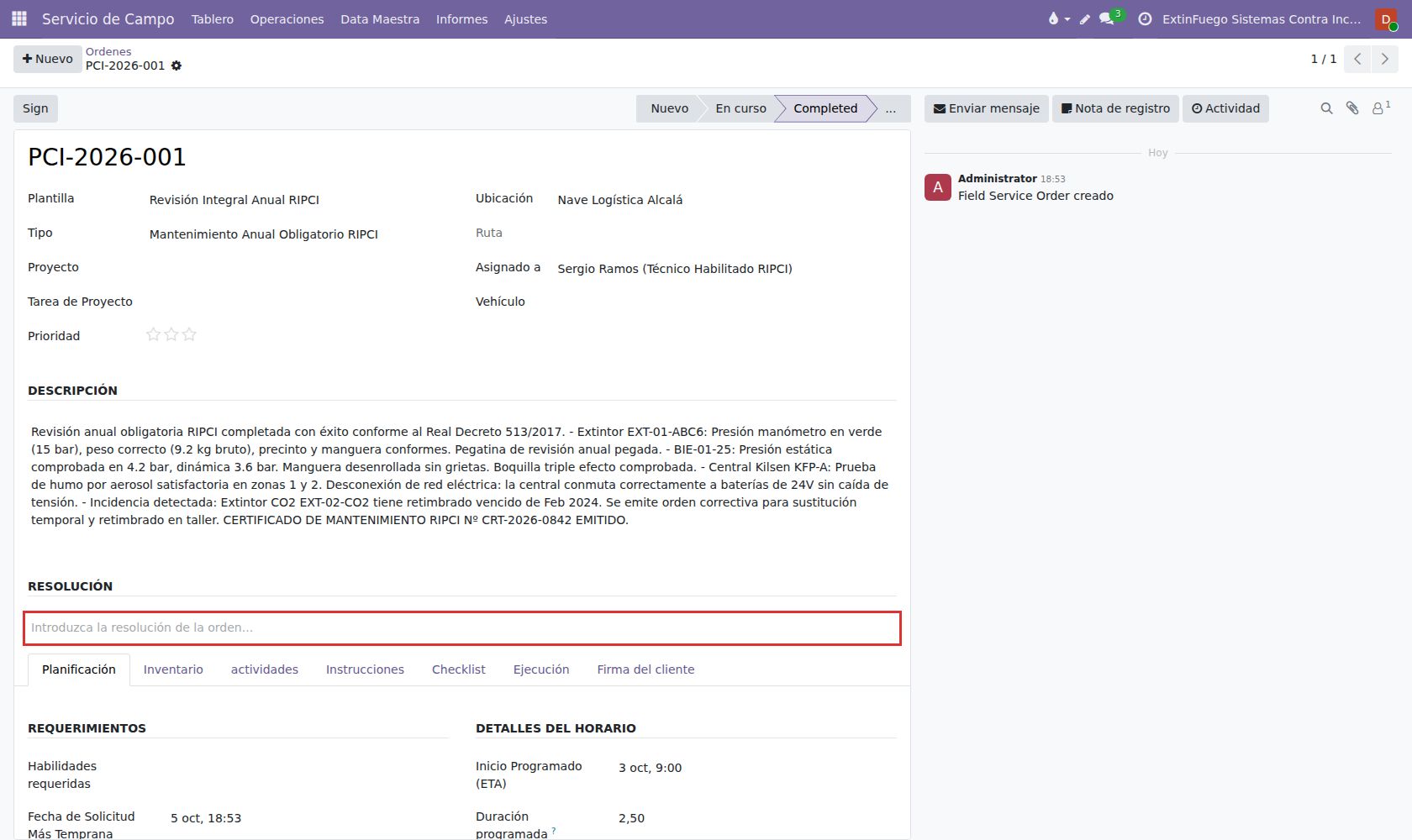 Protocolo de verificación: presión nominal, volteo de polvo químico y precintado de seguridad.