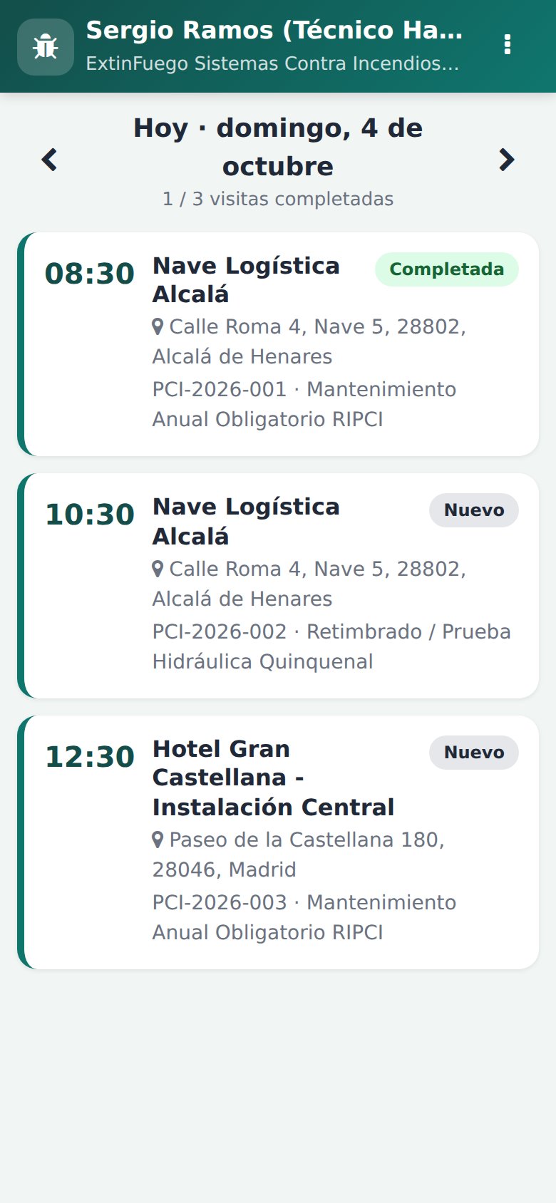 App Móvil - Agenda diaria: ruta de revisiones anuales RIPCI con horarios y direcciones de nave.