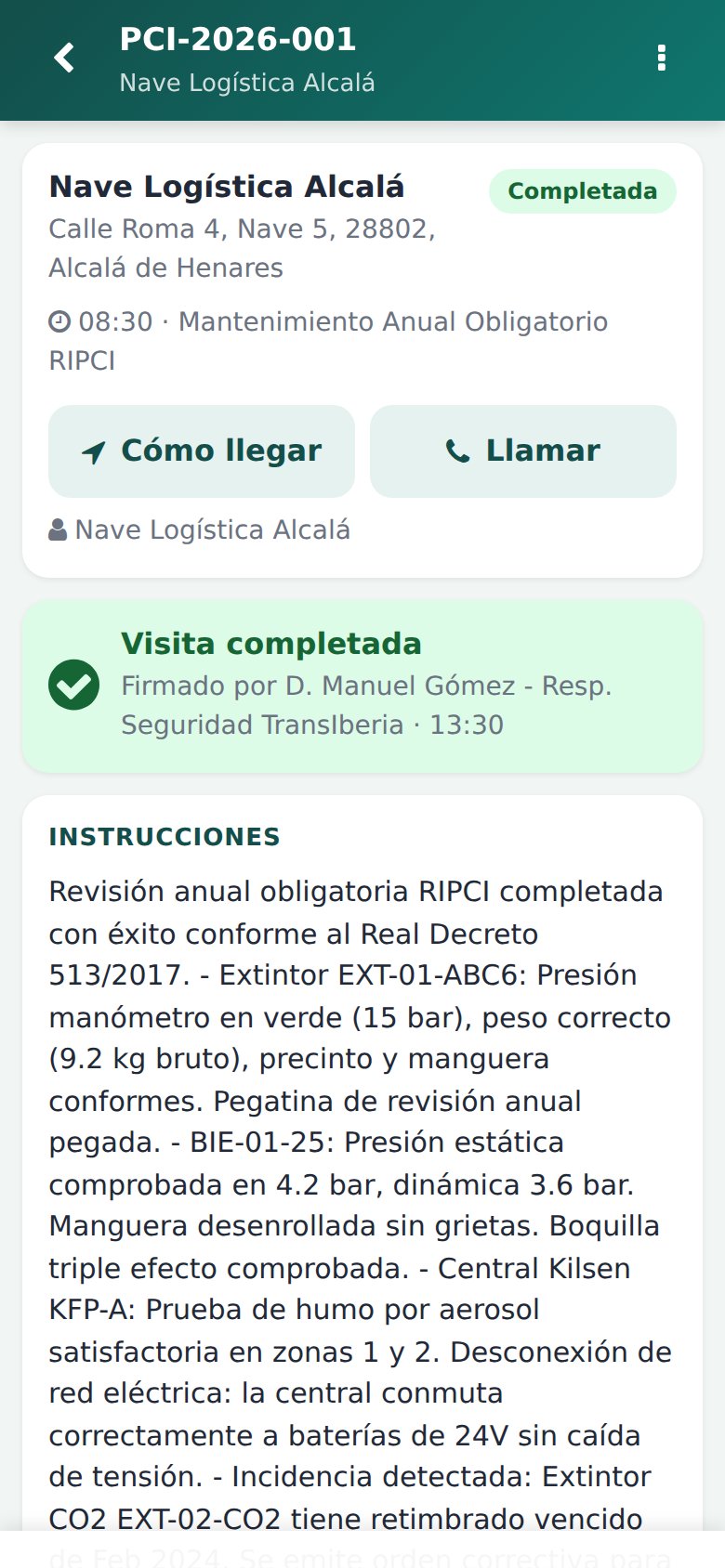 App Móvil - Ficha de la visita: check-in con un toque, instrucciones técnicas y control horario en vivo.