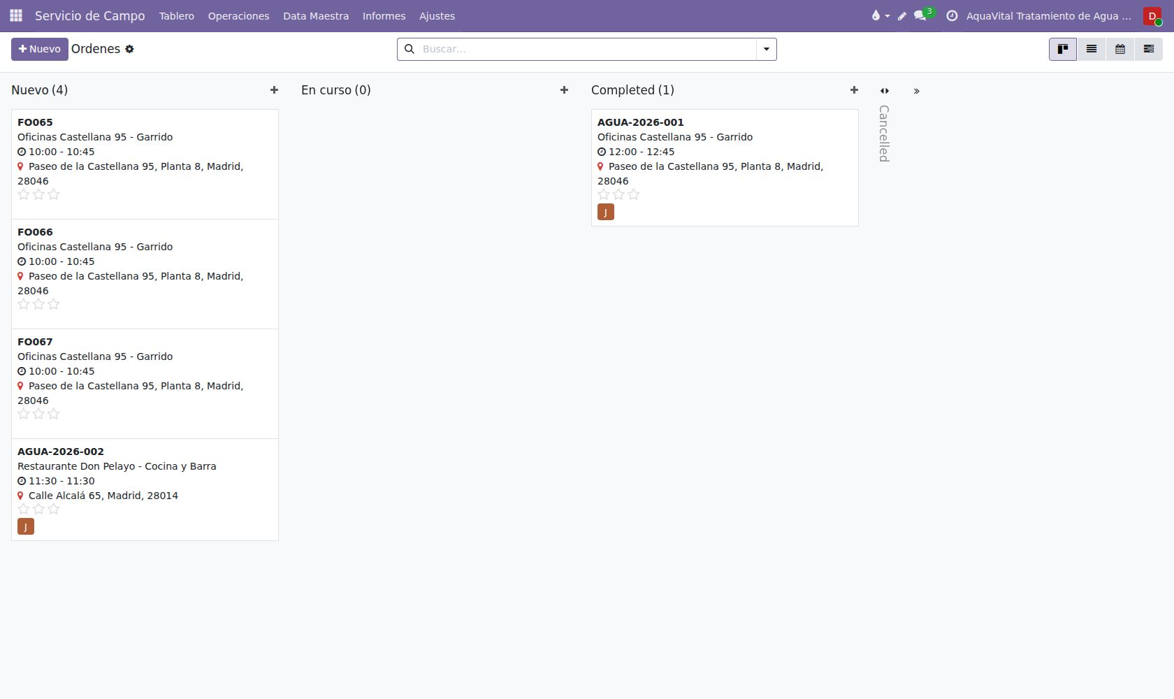 Tablero FSM: gestión visual de higienizaciones semestrales, entregas de consumibles y correctivos.