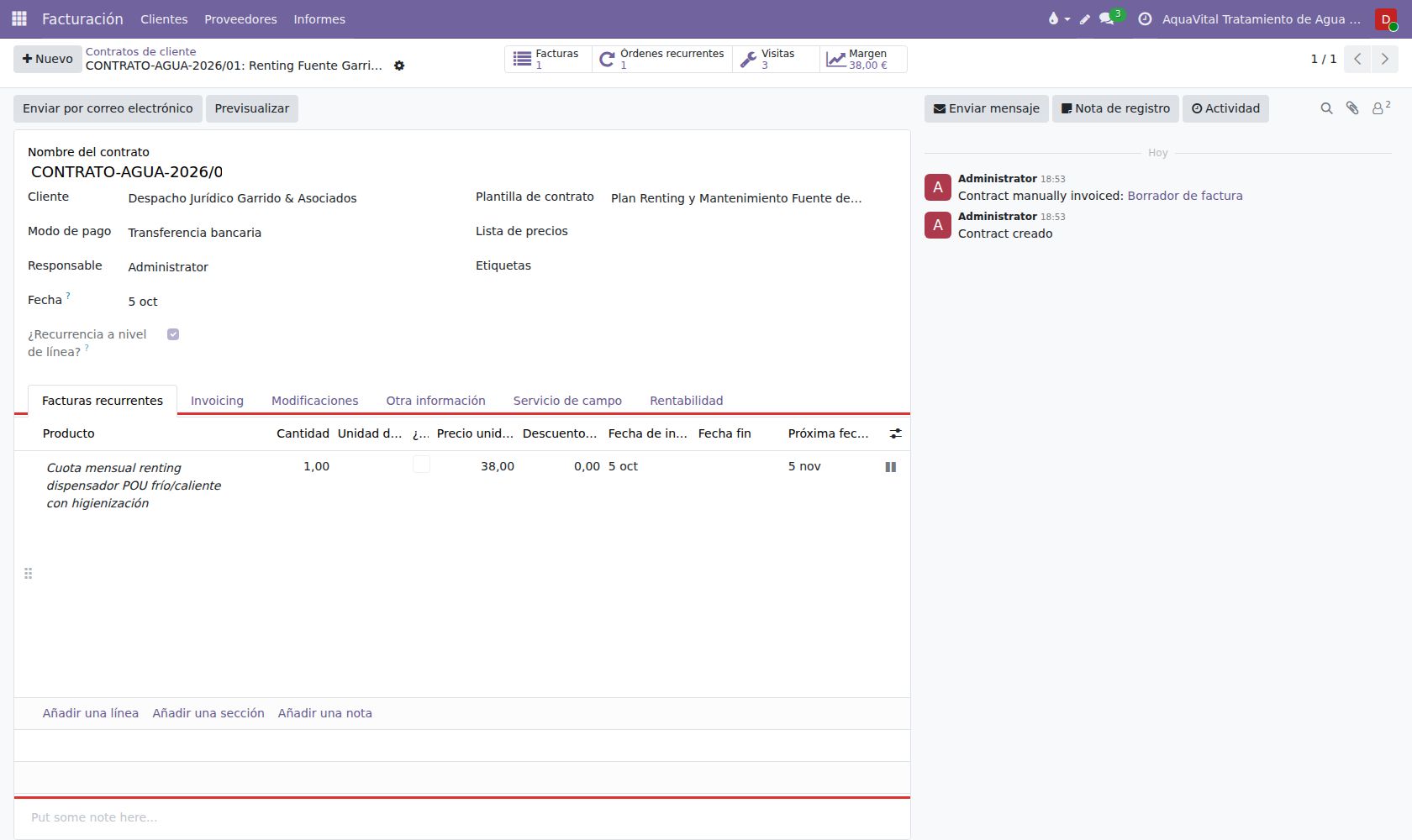 Contrato de cliente: cuota de alquiler mensual con fecha de próxima facturación recurrente.