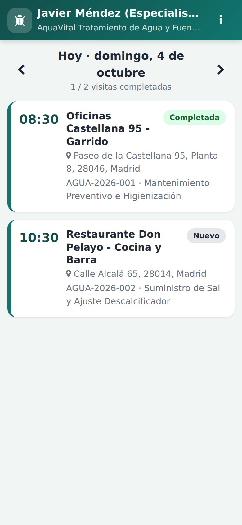 App Móvil - Agenda diaria: ruta de revisiones e higienizaciones de fuentes con horarios y direcciones.