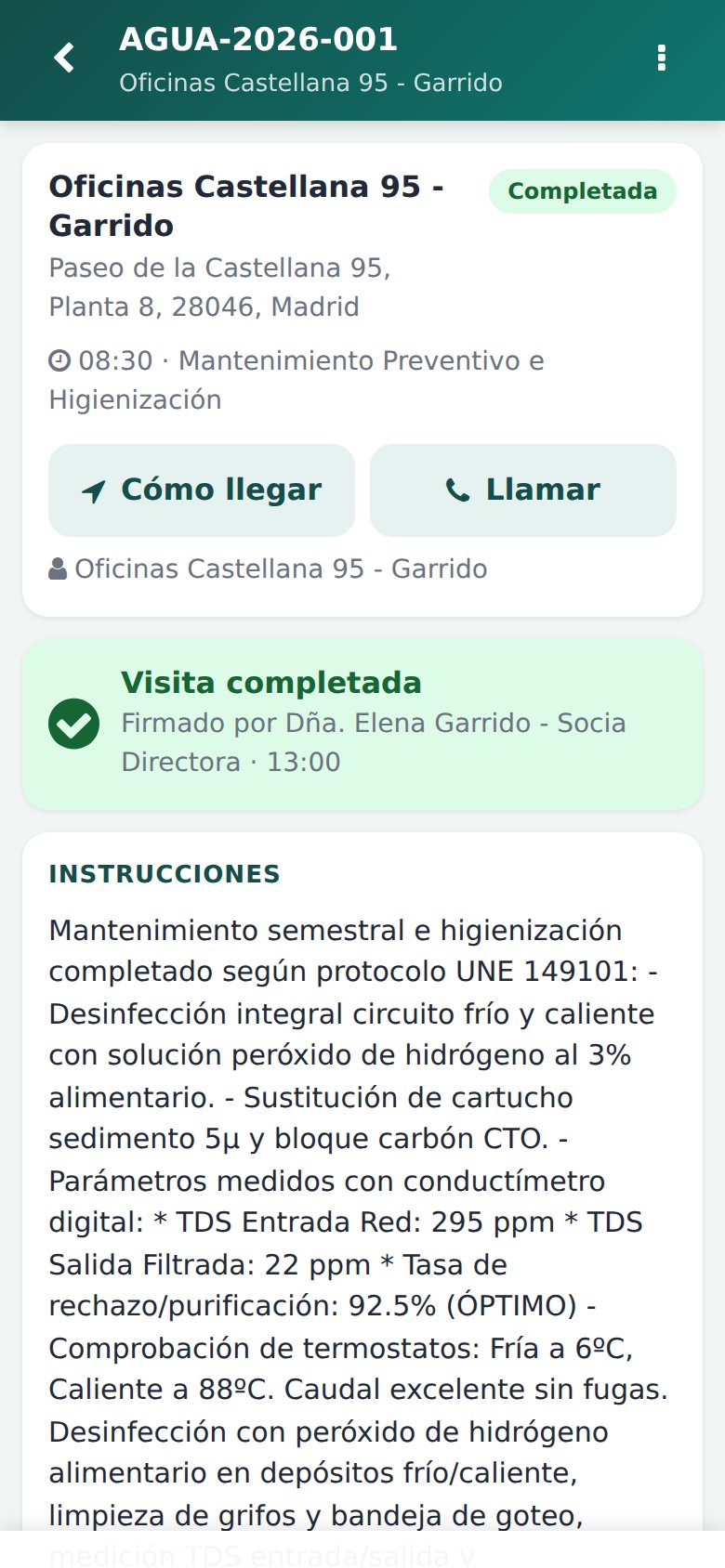 App Móvil - Ficha de la visita: check-in con un toque, instrucciones técnicas y control horario en vivo.